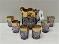 Amethyst and Gold Water Pitcher & 6 Glasses