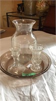 Pyrex pie plate and candlestick,vase