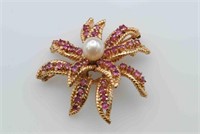 14K RUBY & PEARL FLORAL PIN