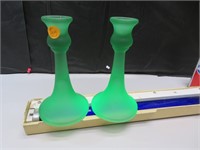 2 Vintage Tiffin Satin Glass Green Candle Stick