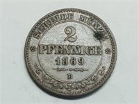 OF) 1869 b Saxony Germany 2 pfennig
