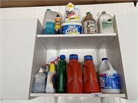 5 CABINET LOT: ASSORTED CLEANING SUPPLIES, CAULK,