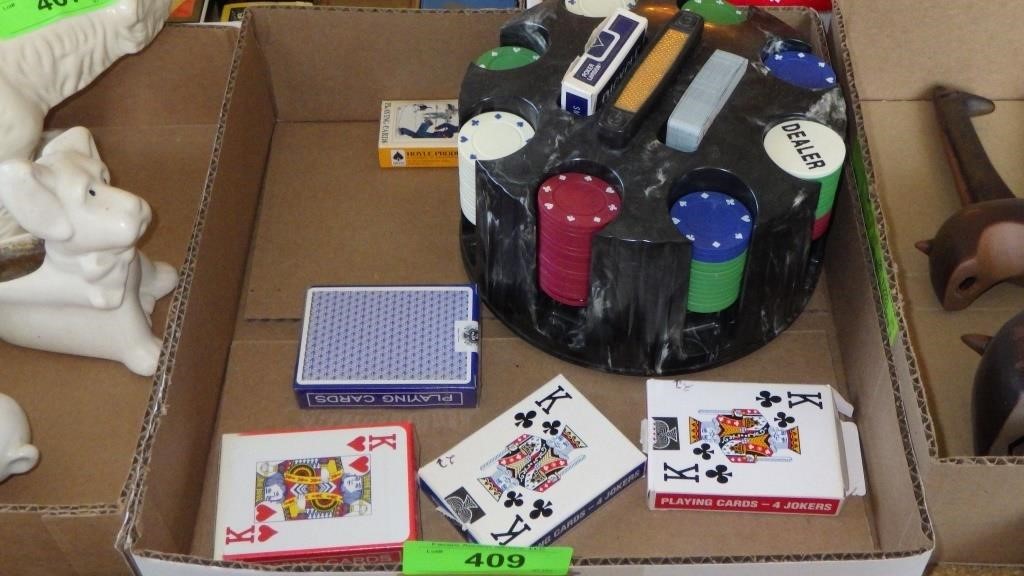 POKER CHIPS IN CADDY, ASST. PLAYING CARDS