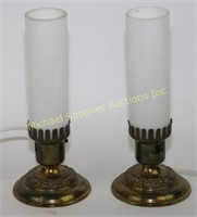 PAIR ELECTRIC BRASS LAMPS WITH MILK GLASS SHADES