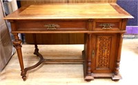 Vintage walnut desk w/ carved door, see photos