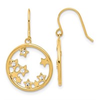 14 Kt White Rhodium Stars Circle Dangle Earrings