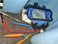 Tool Bag w/saw, hedge trimmer, cloths