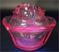 Art Glass Glowy Rose Covered Dish Uv Reactive