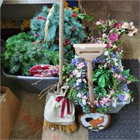 2 Boxes & Totes of Wreaths, Xmas Decor, Garline
