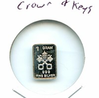1 gram Silver Bar - Crown & Keys, .999 Fine