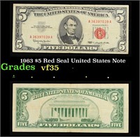 1963 $5 Red Seal United States Note Grades vf++