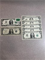Two dollar bill from 1976, dollar bill from 1957