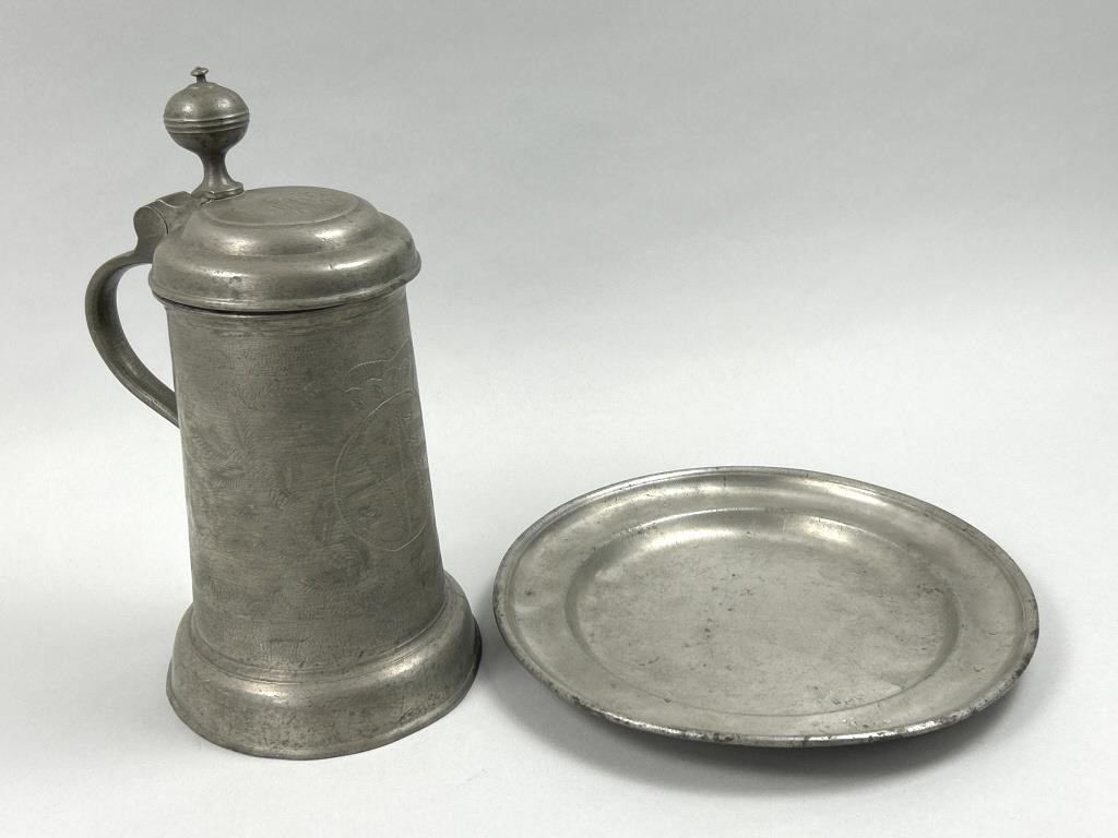 18th C. Incised Pewter Tankard & Plate.