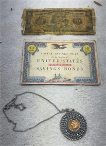 Necklace, 10cent savings bonds book