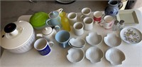 Box of coffee mugs, shell dishes, teapots etc…