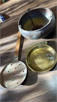 Vintage copper skimmer, brass pocket change bowl,