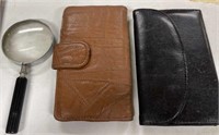 Vintage Magnifying Glass And Two Leather Wallets