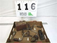 (3) Vintage Hand Crank Drill, Sledge Hammer Head