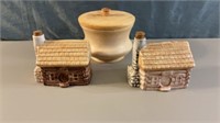 Wood Lidded Keep Sake Bowl & 2 Cabin Decanters
