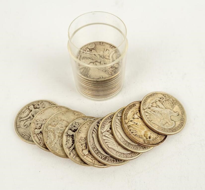 Coin Tube of 20 Walking Liberty Half Dollars-G-F