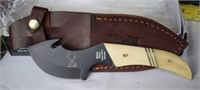 8.5" Gut-Hook Skinner Knife - Bone Handle, Leather