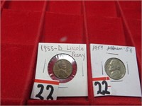 1955 D Lincoln Pennie & 1959 Jefferson Nickel G
