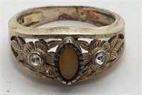 Sterling Ring With Tigers Eye And Clear Stones