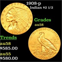1908-p Gold Indian Quarter Eagle $2 1/2 Grades Cho