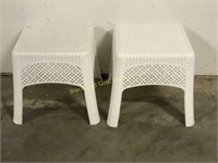 Pair of plastic wicker look patio tables