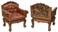 (2) HEAVILY CARVED TEAKWOOD LEATHER ARMCHAIRS