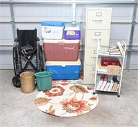 Coolers, File Cabinet, Wheel Chair, Books, Rug