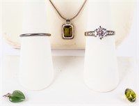 Jewelry Sterling Silver Peridot Necklace, CZ Ring+