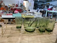 Green Glass bar set with ice bucket (missing
