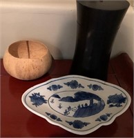 L - WOODEN BOWL & PORCELAIN PLATE (R9)