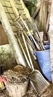Potato shovel, large 4 tine fork, assorted rakes