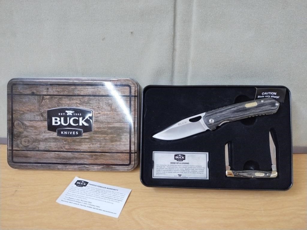 TWO PIECE BUCK KNIFE SET IN ORIGINAL TIN BOX