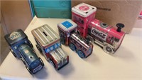 Vintage train tin containers & bank - lot of 4