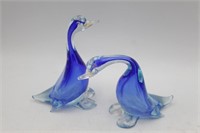 2-Hand Blown Goose Art, Blue/Clear Glass Figurines