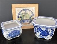 Blue and White Planters with Trivet