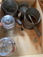 Box with 3 sifters, two ball jars and vintage