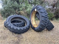 Tires, 2 w/rims 15.5-38, chain not included