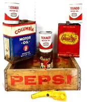 MIxed estate lot, inc oil cans & Pepsi crate