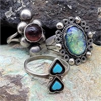 3- 925 SILVER RINGS SZ 7.25TURQUOISE, PURPLE &
