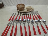 melmac dished and red handle silverware