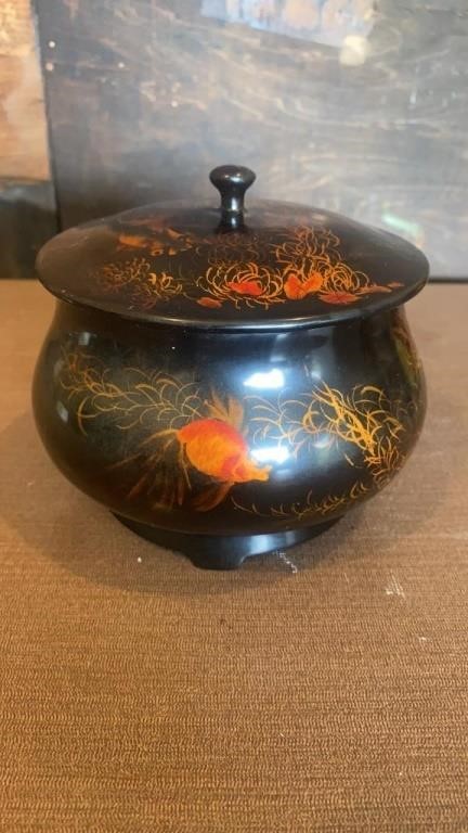 Black Lacquered Round Asian Trinket Box