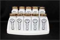 SET OF 10 MILK GLASS SPICE BOTTLES WITH RACK -