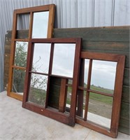THREE REFINISHED PINE WINDOW FRAMES WITH MIRRORS