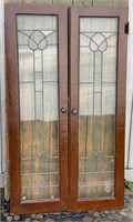 PAIR OF WOOD FRAMED LEADED GLASS DOORS