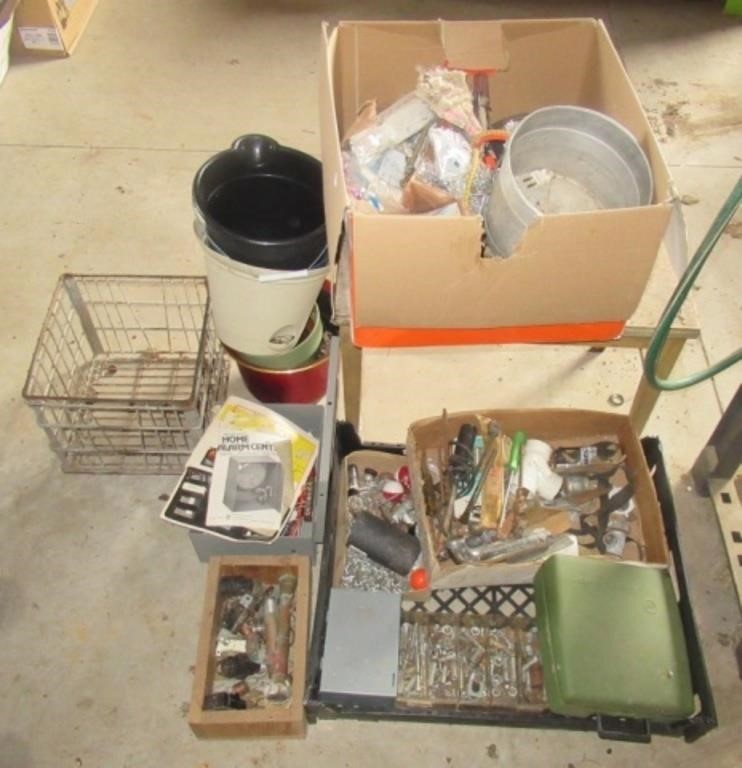 Group that includes metal milk crate, hardware,
