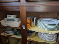corning ware Glasbake casseroles plates shelf lit